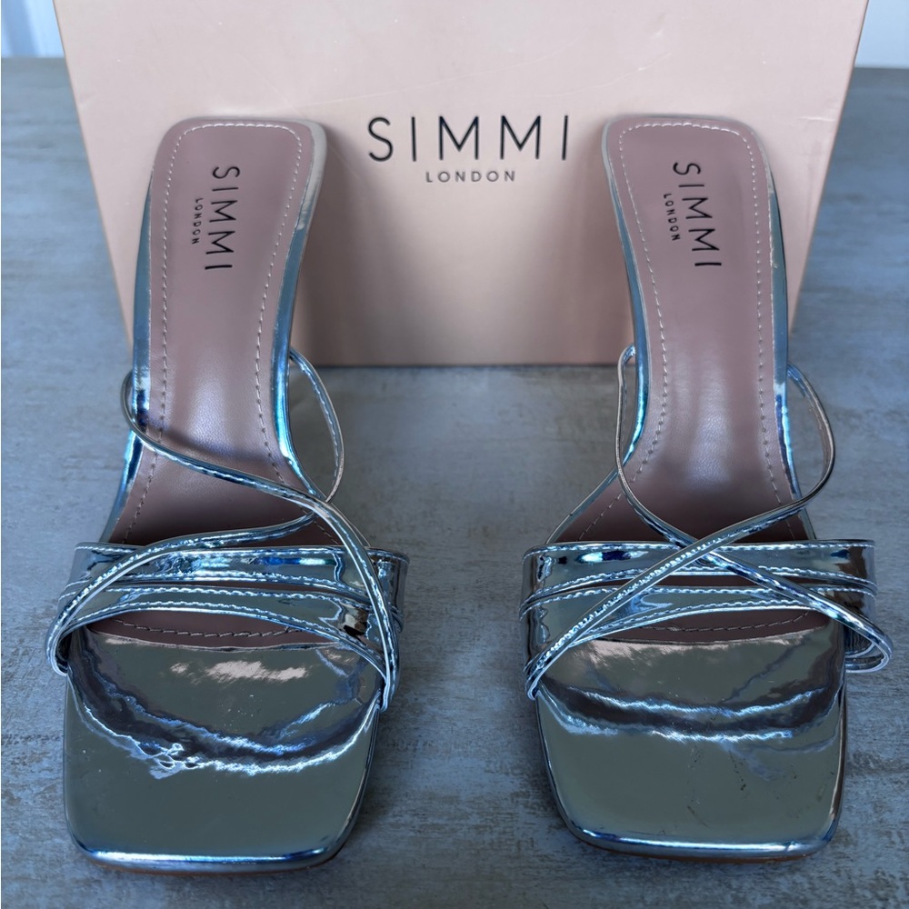 SIMMI London Silver Strappy Square-Toe Mule Heels
